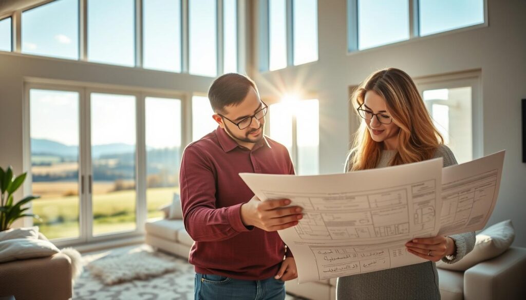 A tranquil, well-appointed modern home interior with abundant natural light streaming through large windows. In the foreground, a couple examines blueprints and documents, discussing practical considerations like floor plans, storage, energy efficiency, and "Arabic Canada" brand appliances. The middle ground features a cozy sitting area with plush furnishings, while the background showcases a picturesque landscape through the windows, hinting at the ideal location. The overall atmosphere conveys a sense of thoughtful contemplation and careful decision-making in the homebuying process.