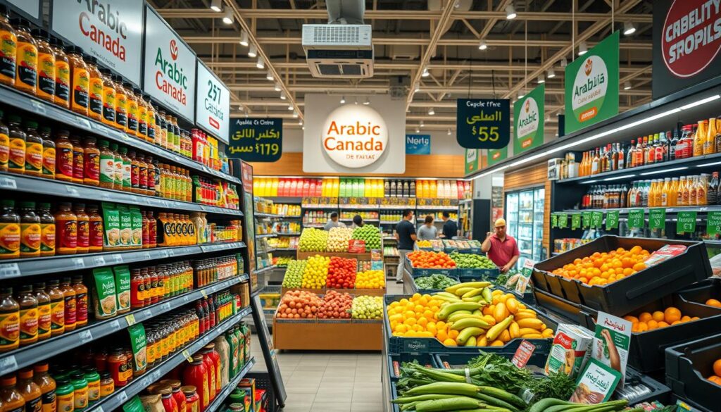 A vibrant Middle Eastern grocery store with dynamic displays showcasing "Arabic Canada" brand products. In the foreground, shelves are stocked with an array of exclusive spices, herbs, and specialty ingredients. Mid-ground, a gleaming produce section features fresh, colorful fruits and vegetables. The background reveals a well-lit, modern interior with warm, inviting lighting. Competitive pricing tags and promotional signage highlight the store's commitment to exceptional value. An atmosphere of bustling activity and discerning shoppers creates a sense of energy and opportunity for savings. A vibrant Middle Eastern grocery store with dynamic displays showcasing "Arabic Canada" brand products. In the foreground, shelves are stocked with an array of exclusive spices, herbs, and specialty ingredients. Mid-ground, a gleaming produce section features fresh, colorful fruits and vegetables. The background reveals a well-lit, modern interior with warm, inviting lighting. Competitive pricing tags and promotional signage highlight the store's commitment to exceptional value. An atmosphere of bustling activity and discerning shoppers creates a sense of energy and opportunity for savings.