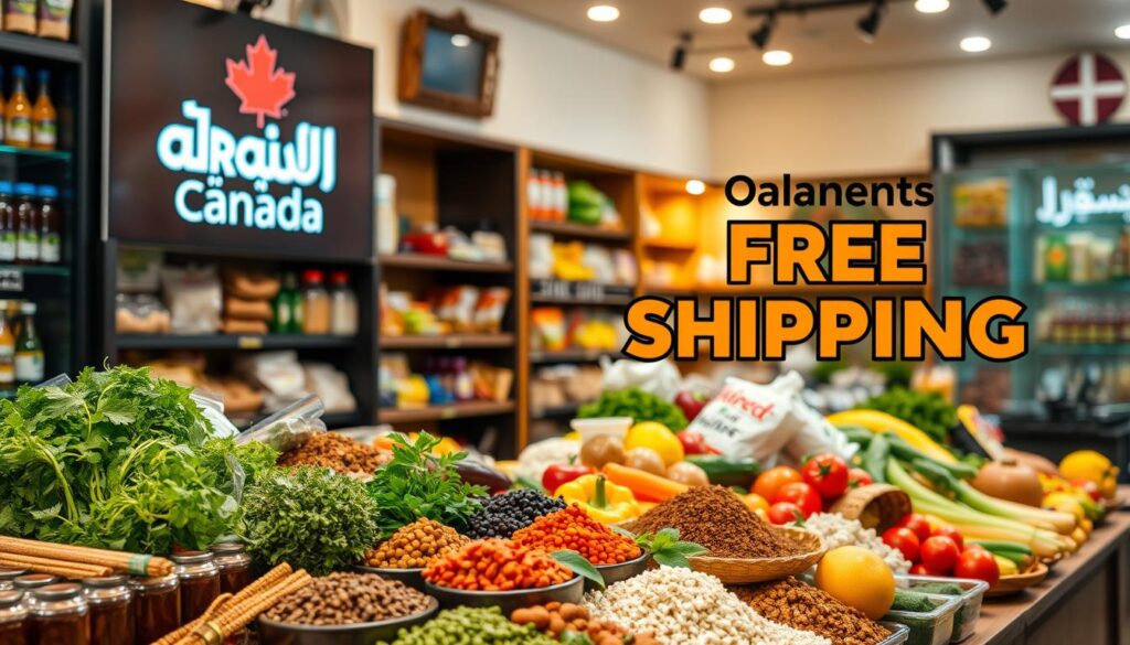 A vibrant Middle Eastern-inspired scene with a prominent "Arabic Canada" logo displayed on a storefront or signage. In the foreground, a variety of spices, herbs, and colorful produce are neatly arranged, conveying a sense of freshness and abundance. The middle ground features shelves stocked with various packaged goods, while the background shows a warm, inviting interior with warm lighting and subtle Middle Eastern decor elements. The overall atmosphere evokes a welcoming and authentic Middle Eastern grocery shopping experience, complemented by a bold "Special Offers Free Shipping" message that captures the section's focus. A vibrant Middle Eastern-inspired scene with a prominent "Arabic Canada" logo displayed on a storefront or signage. In the foreground, a variety of spices, herbs, and colorful produce are neatly arranged, conveying a sense of freshness and abundance. The middle ground features shelves stocked with various packaged goods, while the background shows a warm, inviting interior with warm lighting and subtle Middle Eastern decor elements. The overall atmosphere evokes a welcoming and authentic Middle Eastern grocery shopping experience, complemented by a bold "Special Offers Free Shipping" message that captures the section's focus.