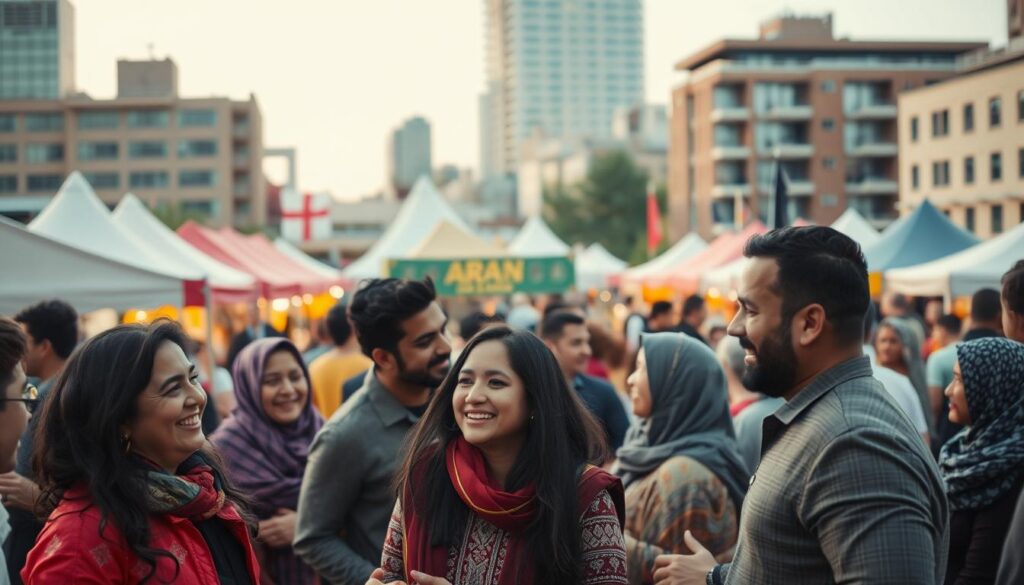 A vibrant and diverse Arab Canadian community gathering, captured in a warm, cinematic style. In the foreground, a group of people of various ages and backgrounds engage in lively conversation, their faces aglow with smiles and laughter. The middle ground features a backdrop of colorful tents, food stalls, and lively performances, showcasing the rich cultural heritage. In the background, a blend of modern and traditional architecture frames the scene, representing the community's integration into the Canadian landscape. The lighting is soft and diffused, creating a sense of intimacy and celebration. The overall composition conveys a strong sense of unity, pride, and the positive impact of the Arab Canadian community.