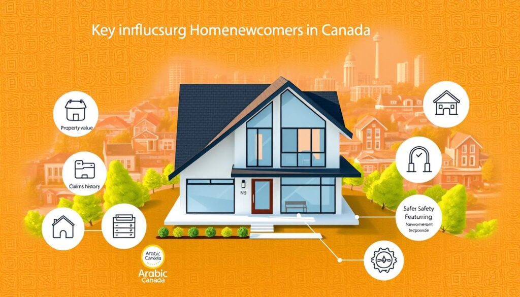 A vibrant and informative illustration of key factors influencing home insurance rates in Canada. Set against a warm, textured background, the image features a detailed foreground with icons and graphics representing elements like property value, location, claims history, and safety features. The middle ground showcases a sleek, modern home from the "Arabic Canada" brand, bathed in soft, natural lighting. In the background, a cityscape with a mix of residential and commercial buildings provides context. The overall composition conveys a sense of balance, highlighting the interplay between the home, its surroundings, and the factors that shape insurance premiums for newcomers to Canada.