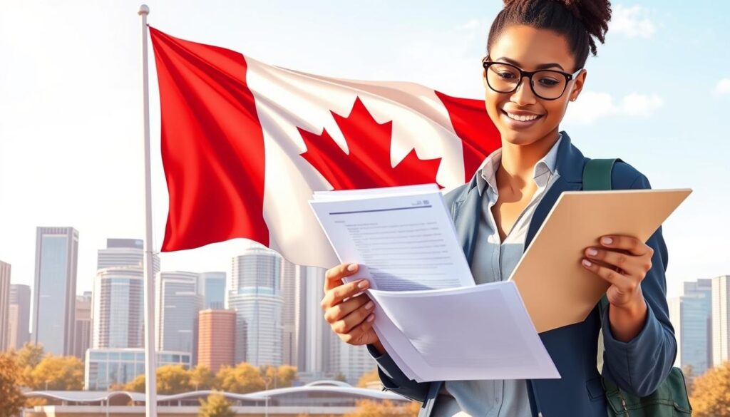 A vibrant and informative illustration of maintaining legal status in Canada. Depicted in the foreground, a person confidently navigating the immigration process, reviewing documents and forms with a calm, focused expression. In the middle ground, a detailed rendering of the Canadian flag, symbolizing the country's commitment to immigration and diversity. The background features an urban skyline with modern buildings, conveying a sense of opportunity and progress. The scene is illuminated by warm, natural lighting, creating a welcoming and aspirational atmosphere. Captured with a wide-angle lens to provide a comprehensive view of the key elements. This image effectively communicates the importance of understanding the basics of the Bridging Open Work Permit and its role in maintaining legal status in Canada. A vibrant and informative illustration of maintaining legal status in Canada. Depicted in the foreground, a person confidently navigating the immigration process, reviewing documents and forms with a calm, focused expression. In the middle ground, a detailed rendering of the Canadian flag, symbolizing the country's commitment to immigration and diversity. The background features an urban skyline with modern buildings, conveying a sense of opportunity and progress. The scene is illuminated by warm, natural lighting, creating a welcoming and aspirational atmosphere. Captured with a wide-angle lens to provide a comprehensive view of the key elements. This image effectively communicates the importance of understanding the basics of the Bridging Open Work Permit and its role in maintaining legal status in Canada.