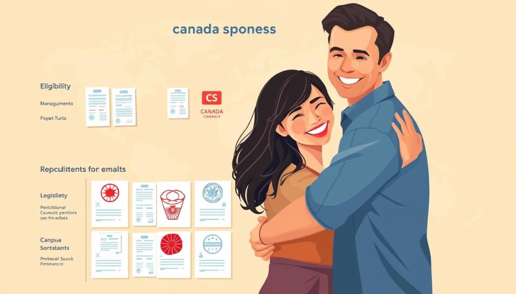 A vibrant and informative illustration showcasing the eligibility and requirements for Canada's spousal sponsorship program. A warm, soft-focused foreground depicts a smiling couple embracing, representing the emotional heart of the process. The middle ground displays a grid of official documents, stamps, and seals, conveying the necessary administrative components. In the background, a stylized world map subtly indicates the global reach of the program. Crisp, natural lighting accentuates the professionalism and clarity of the scene, creating an atmosphere of trust and accessibility. A vibrant and informative illustration showcasing the eligibility and requirements for Canada's spousal sponsorship program. A warm, soft-focused foreground depicts a smiling couple embracing, representing the emotional heart of the process. The middle ground displays a grid of official documents, stamps, and seals, conveying the necessary administrative components. In the background, a stylized world map subtly indicates the global reach of the program. Crisp, natural lighting accentuates the professionalism and clarity of the scene, creating an atmosphere of trust and accessibility.