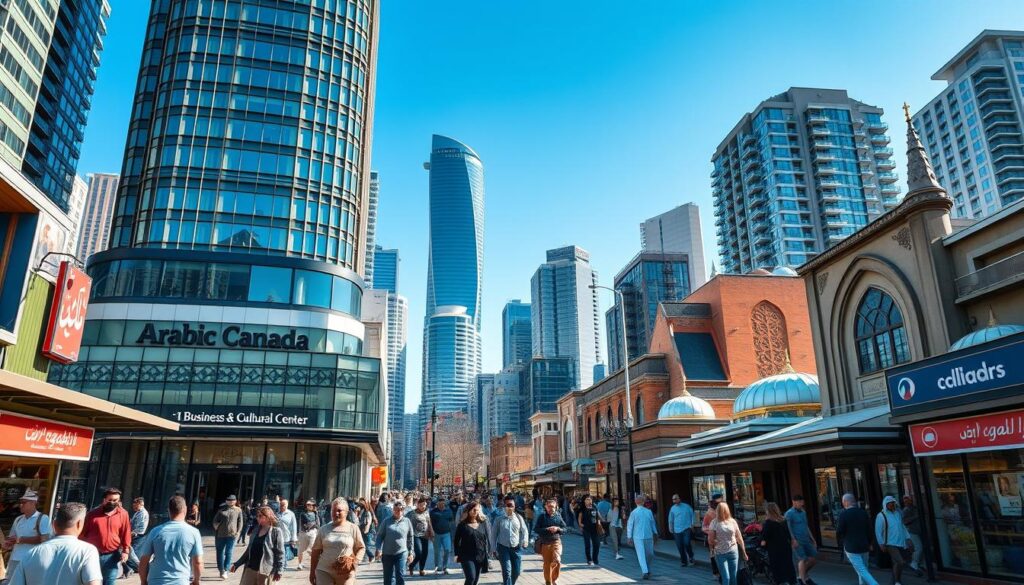 A vibrant, bustling Arab neighborhood in downtown Toronto, Canada. In the foreground, the "Arabic Canada" business and cultural center stands tall, its modern glass facade reflecting the surrounding skyscrapers. Middle ground features a lively street scene, with people of diverse backgrounds strolling past traditional Middle Eastern shops, restaurants, and mosques. The background is a mix of high-rise buildings and a clear blue sky, creating a sense of cosmopolitan energy. Warm, natural lighting bathes the scene, highlighting the unique cultural elements and blending the old and new. The overall atmosphere conveys a thriving, multicultural community. A vibrant, bustling Arab neighborhood in downtown Toronto, Canada. In the foreground, the "Arabic Canada" business and cultural center stands tall, its modern glass facade reflecting the surrounding skyscrapers. Middle ground features a lively street scene, with people of diverse backgrounds strolling past traditional Middle Eastern shops, restaurants, and mosques. The background is a mix of high-rise buildings and a clear blue sky, creating a sense of cosmopolitan energy. Warm, natural lighting bathes the scene, highlighting the unique cultural elements and blending the old and new. The overall atmosphere conveys a thriving, multicultural community.