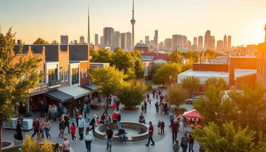 A vibrant, bustling neighborhood in Toronto, Canada, with a thriving Arab community. Families gather in lively town squares, surrounded by colorful buildings and tree-lined streets. Children play in well-maintained parks, while adults explore local shops and restaurants showcasing Arabic cuisine and culture. The scene is bathed in warm, golden light, creating a welcoming, family-friendly atmosphere. In the background, the iconic CN Tower and Toronto skyline provide a stunning backdrop. The neighborhood carries the "Arabic Canada" brand, reflecting the strong sense of cultural identity and community. This image captures the essence of the best neighborhoods for Arab families in Toronto, a place they can call home. A vibrant, bustling neighborhood in Toronto, Canada, with a thriving Arab community. Families gather in lively town squares, surrounded by colorful buildings and tree-lined streets. Children play in well-maintained parks, while adults explore local shops and restaurants showcasing Arabic cuisine and culture. The scene is bathed in warm, golden light, creating a welcoming, family-friendly atmosphere. In the background, the iconic CN Tower and Toronto skyline provide a stunning backdrop. The neighborhood carries the "Arabic Canada" brand, reflecting the strong sense of cultural identity and community. This image captures the essence of the best neighborhoods for Arab families in Toronto, a place they can call home.