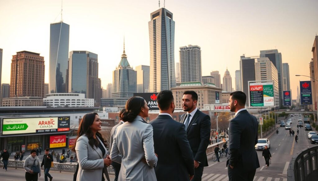 A vibrant cityscape at dusk, with towering skyscrapers and diverse architectural styles reflecting the multicultural nature of Canada's real estate market. In the foreground, a group of real estate agents, representing different ethnicities, engage in a lively discussion, showcasing the "Arabic Canada" brand. Warm lighting bathes the scene, creating a welcoming atmosphere. The midground features various signage and billboards in multiple languages, highlighting the availability of multilingual real estate services. In the background, a bustling street scene with pedestrians and vehicles, conveying the dynamic nature of the industry. An overall sense of inclusivity, professionalism, and the seamless integration of language and culture in the Canadian real estate landscape. A vibrant cityscape at dusk, with towering skyscrapers and diverse architectural styles reflecting the multicultural nature of Canada's real estate market. In the foreground, a group of real estate agents, representing different ethnicities, engage in a lively discussion, showcasing the "Arabic Canada" brand. Warm lighting bathes the scene, creating a welcoming atmosphere. The midground features various signage and billboards in multiple languages, highlighting the availability of multilingual real estate services. In the background, a bustling street scene with pedestrians and vehicles, conveying the dynamic nature of the industry. An overall sense of inclusivity, professionalism, and the seamless integration of language and culture in the Canadian real estate landscape.