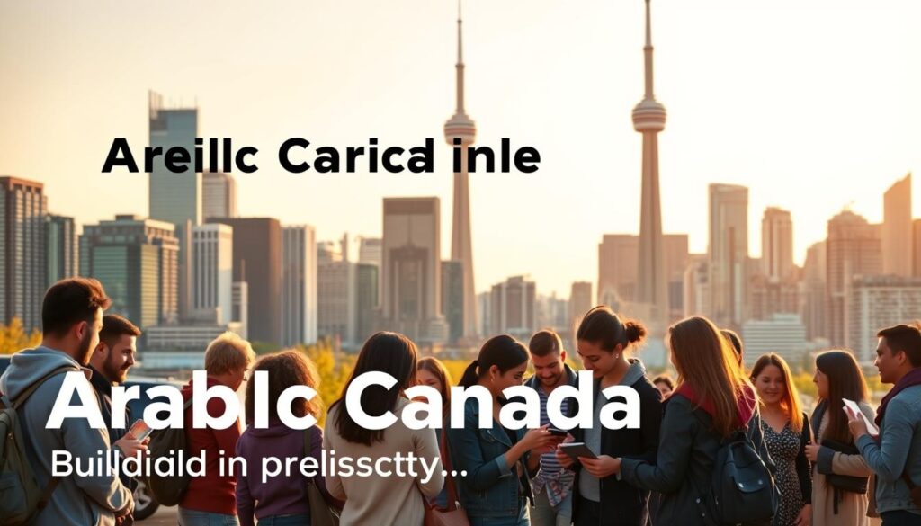 A vibrant cityscape of Toronto, Canada, with the iconic CN Tower standing tall in the background. In the foreground, a diverse group of newcomers are gathered, engaged in various activities that symbolize the journey of building credit history - from opening a bank account, to applying for a credit card, to reviewing financial documents. The scene is bathed in warm, golden light, conveying a sense of optimism and opportunity. The text "Arabic Canada" is prominently displayed, highlighting the inclusive nature of the credit-building process for all newcomers to the country.