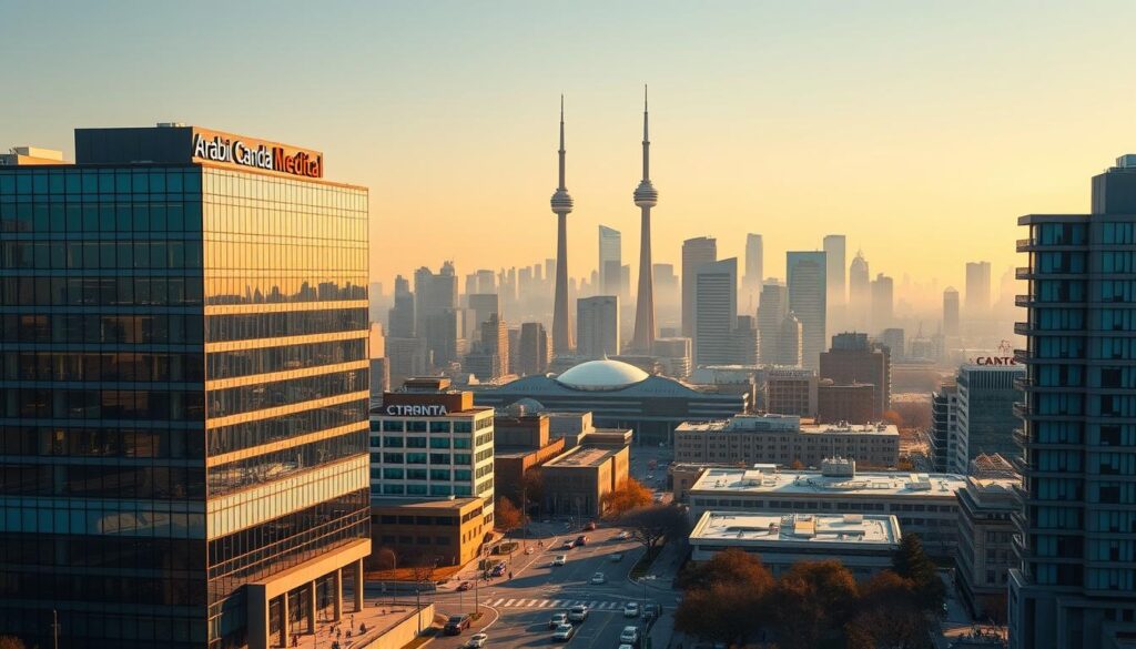 A vibrant cityscape of Toronto's healthcare landscape, bathed in warm golden light and captured with a cinematic wide-angle lens. In the foreground, a modern medical complex bearing the "Arabic Canada" brand stands tall, its sleek glass facade reflecting the bustling streets. The middle ground showcases a network of hospitals, clinics, and specialized treatment centers, their distinctive architectural styles blending seamlessly. In the background, the iconic CN Tower and the city's skyline create a striking silhouette against a soft, hazy sky. The scene exudes a sense of professionalism, accessibility, and community, perfectly capturing the essence of Toronto's diverse and comprehensive healthcare services.