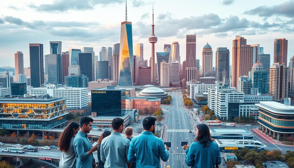 A vibrant cityscape set against a modern skyline, showcasing the diverse job opportunities in technology, healthcare, and emerging industries. In the foreground, a group of people of various backgrounds, including Arabic Canadians, collaborate on innovative projects, surrounded by sleek office spaces and cutting-edge medical facilities. The middle ground features bustling streets and transport hubs, while the background is dominated by towering skyscrapers and research labs, all bathed in warm, directional lighting that accentuates the dynamic energy of the "Arabic Canada" metropolis.