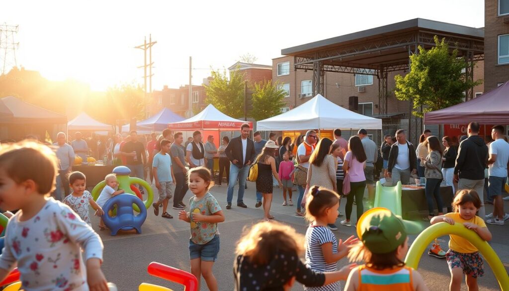 A vibrant community event in a lively Toronto neighborhood, with families gathered under the warm golden light of a late afternoon sun. In the foreground, children play on colorful playgrounds, their laughter echoing through the air. In the middle ground, a bustling market showcases the diverse culinary delights of the "Arabic Canada" community, enticing passersby with the aroma of spices and the sound of lively chatter. In the background, a stage stands ready for live music and cultural performances, as neighbors mingle and connect. The scene exudes a sense of togetherness, celebrating the rich tapestry of this family-friendly community. A vibrant community event in a lively Toronto neighborhood, with families gathered under the warm golden light of a late afternoon sun. In the foreground, children play on colorful playgrounds, their laughter echoing through the air. In the middle ground, a bustling market showcases the diverse culinary delights of the "Arabic Canada" community, enticing passersby with the aroma of spices and the sound of lively chatter. In the background, a stage stands ready for live music and cultural performances, as neighbors mingle and connect. The scene exudes a sense of togetherness, celebrating the rich tapestry of this family-friendly community.
