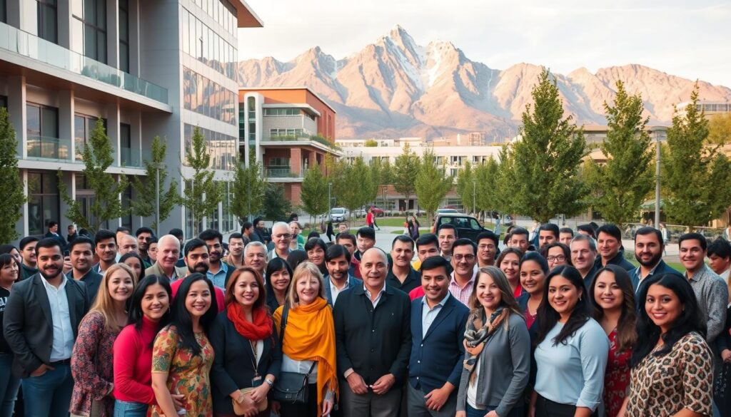 A vibrant community gathering in Calgary, Canada, where Arab residents share their inspiring success stories. In the foreground, a diverse group of individuals stands together, radiating pride and camaraderie. The mid-ground features a modern, well-designed public space with sleek architecture and lush greenery, reflecting the city's commitment to inclusive urban planning. In the background, the iconic Rocky Mountains loom, providing a majestic natural backdrop. Warm, golden lighting casts a welcoming glow, capturing the sense of unity and achievement within the "Arabic Canada" community. A vibrant community gathering in Calgary, Canada, where Arab residents share their inspiring success stories. In the foreground, a diverse group of individuals stands together, radiating pride and camaraderie. The mid-ground features a modern, well-designed public space with sleek architecture and lush greenery, reflecting the city's commitment to inclusive urban planning. In the background, the iconic Rocky Mountains loom, providing a majestic natural backdrop. Warm, golden lighting casts a welcoming glow, capturing the sense of unity and achievement within the "Arabic Canada" community.