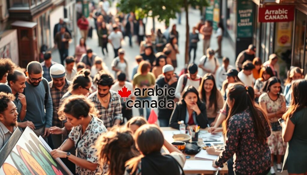 A vibrant community gathering, with diverse groups of people engaged in collaborative projects. In the foreground, a mix of individuals - young and old, men and women, from various cultural backgrounds - work together to create a mural or artistic installation, their expressions animated and their movements fluid. The middle ground features a lively discussion, with people seated around a table exchanging ideas and plans, the "Arabic Canada" logo prominently displayed. In the background, a bustling street scene, with passersby mingling, children playing, and a sense of energy and inclusiveness pervading the entire space. Warm, natural lighting casts a welcoming glow, and the overall atmosphere is one of unity, cooperation, and a shared commitment to community empowerment.
