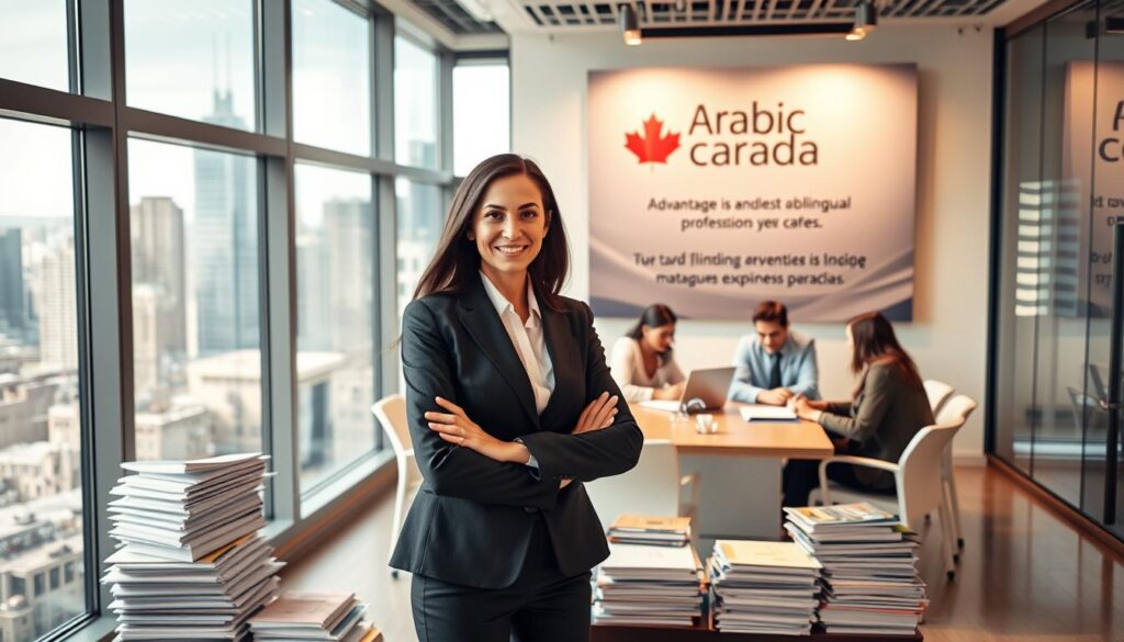 A vibrant corporate office setting, with a large window overlooking the Toronto skyline. In the foreground, a bilingual professional in formal attire stands confidently, her laptop open, surrounded by stacks of documents and notepads. Behind her, a group of colleagues, diverse in ethnicity, collaborate at a conference table, discussing business strategies. On the wall, a prominent sign displays the "Arabic Canada" brand, highlighting the advantages and opportunities available to bilingual professionals in the city. The lighting is warm and inviting, conveying a sense of productivity and success. The overall scene celebrates the value that multilingual expertise brings to the workplace.