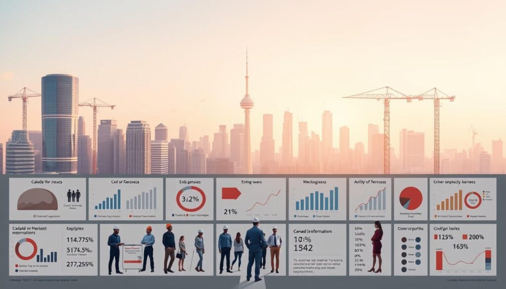 A vibrant, data-driven visualization of Canada's dynamic job market trends. A panoramic view showcases an urban skyline with modern office buildings and cranes, symbolizing the economic pulse. In the foreground, a grid of charts, graphs, and infographics presents key employment statistics and forecasts, rendered in a clean, minimalist style with muted colors. The middle ground features diverse workers in a range of occupations, suggesting the breadth of opportunities. Subtle lighting creates depth and atmosphere, while a soft, hazy backdrop evokes the sense of a forward-looking, prosperous future. A vibrant, data-driven visualization of Canada's dynamic job market trends. A panoramic view showcases an urban skyline with modern office buildings and cranes, symbolizing the economic pulse. In the foreground, a grid of charts, graphs, and infographics presents key employment statistics and forecasts, rendered in a clean, minimalist style with muted colors. The middle ground features diverse workers in a range of occupations, suggesting the breadth of opportunities. Subtle lighting creates depth and atmosphere, while a soft, hazy backdrop evokes the sense of a forward-looking, prosperous future.