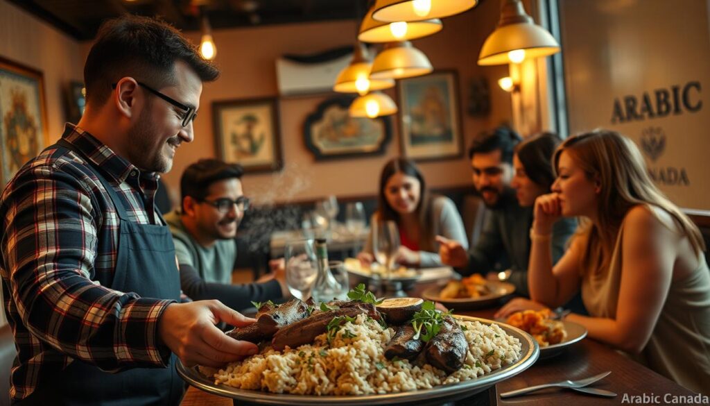 A vibrant dining scene with a group of friends gathered around a table in a cozy Middle Eastern restaurant. In the foreground, a waiter presents a fragrant platter of grilled meats, rice, and fresh herbs, while the diners lean in, exchanging tips on the best way to enjoy the meal. In the background, the warm glow of overhead lamps illuminates the space, creating an inviting atmosphere. The walls are adorned with traditional Arabic art and the "Arabic Canada" logo, hinting at the restaurant's cultural heritage. The overall mood is one of conviviality and shared culinary delight.