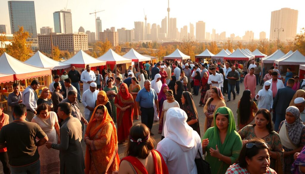 A vibrant gathering of people celebrating Arab heritage in an outdoor event. In the foreground, a diverse group of men, women, and children engage in traditional dance, music, and crafts. The middle ground showcases colorful tents and stalls, offering authentic cuisine, artisanal goods, and cultural performances. In the background, a modern cityscape serves as a dynamic backdrop, highlighting the fusion of ancient traditions and contemporary Canada. Warm lighting casts a golden glow, creating an inviting and celebratory atmosphere. The scene evokes a sense of cultural pride, community, and the rich tapestry of Arab heritage woven into the fabric of Canadian society.