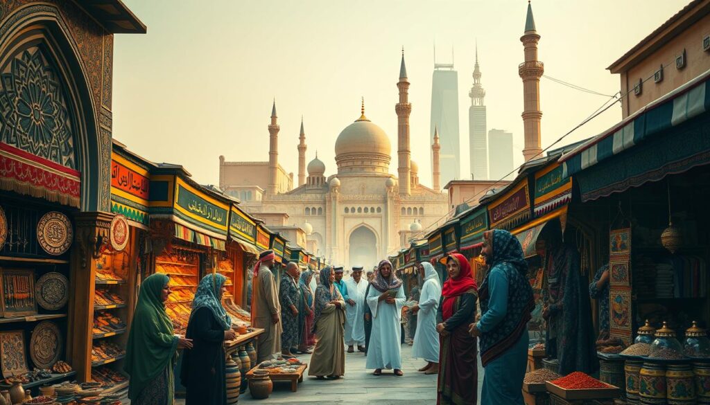 A vibrant, immersive scene showcasing the rich diversity of Arab cultural traditions. In the foreground, a bustling outdoor marketplace filled with artisanal stalls displaying intricate textiles, handcrafted jewelry, and fragrant spices. Intricate geometric patterns and calligraphic designs adorn the stalls' facades, illuminated by warm, diffused sunlight filtering through ornate archways. In the middle ground, a group of people in traditional Middle Eastern attire - long robes, vibrant headscarves, and ornate accessories - engage in lively discussions and transactions, their animated gestures and expressions conveying the spirit of the community. The background features a blend of traditional and modern architecture, with domes, minarets, and towering skyscrapers creating a visually striking juxtaposition, symbolizing the harmony of the old and the new within the Arab heritage.