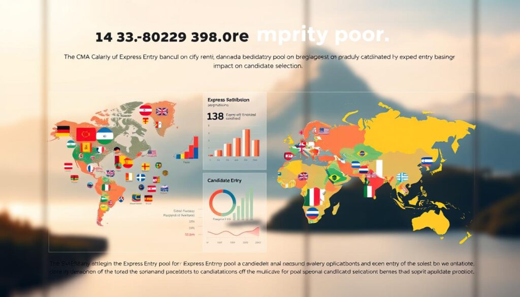 A vibrant infographic depicting the diverse distribution of Express Entry pool candidates, showcased against a minimalist backdrop. In the foreground, a dynamic array of nationality icons representing the multicultural applicant base, arranged in a visually striking pattern. The middle ground features a clear data visualization of candidate distribution, utilizing intuitive graphs and charts to convey key insights. In the background, a softly blurred landscape evokes a sense of global connectivity, underscoring the international nature of the Express Entry system. Warm lighting and a muted color palette contribute to an atmosphere of professionalism and clarity, making this an impactful visual aid for the article's section on the Express Entry pool's impact on candidate selection. A vibrant infographic depicting the diverse distribution of Express Entry pool candidates, showcased against a minimalist backdrop. In the foreground, a dynamic array of nationality icons representing the multicultural applicant base, arranged in a visually striking pattern. The middle ground features a clear data visualization of candidate distribution, utilizing intuitive graphs and charts to convey key insights. In the background, a softly blurred landscape evokes a sense of global connectivity, underscoring the international nature of the Express Entry system. Warm lighting and a muted color palette contribute to an atmosphere of professionalism and clarity, making this an impactful visual aid for the article's section on the Express Entry pool's impact on candidate selection.