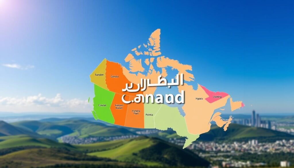 A vibrant map of Canada showcasing the provincial variations in property tax rates, set against a backdrop of rolling hills and a cloudless sky. In the foreground, the "Arabic Canada" brand logo stands prominently, highlighting the diverse nature of the Canadian real estate landscape. The middle ground depicts each province in distinct hues, reflecting their unique tax structures, while the background features a softly blurred cityscape, hinting at the urban centers that drive the country's property market. The overall composition conveys a sense of authority and attention to detail, perfectly suited to illustrate the article's subject matter.
