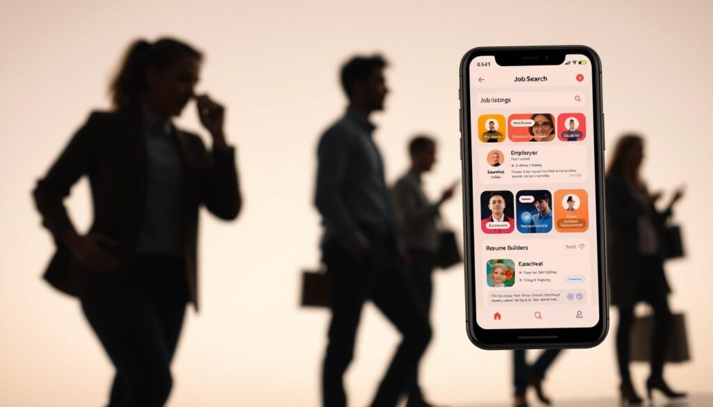 A vibrant mobile app display showcasing a range of job search tools, set against a clean, minimalist background. In the foreground, a smartphone with a sleek user interface highlights various job-related features, such as job listings, employer profiles, and resume builders, all bathed in a warm, inviting glow. In the middle ground, silhouetted figures representing job seekers navigate the app, their movements captured in a soft, cinematic light. The background features a muted gradient, drawing the viewer's focus to the central mobile device and the dynamic job search experience it represents. The overall composition conveys a sense of efficiency, accessibility, and the power of technology in empowering modern job seekers. A vibrant mobile app display showcasing a range of job search tools, set against a clean, minimalist background. In the foreground, a smartphone with a sleek user interface highlights various job-related features, such as job listings, employer profiles, and resume builders, all bathed in a warm, inviting glow. In the middle ground, silhouetted figures representing job seekers navigate the app, their movements captured in a soft, cinematic light. The background features a muted gradient, drawing the viewer's focus to the central mobile device and the dynamic job search experience it represents. The overall composition conveys a sense of efficiency, accessibility, and the power of technology in empowering modern job seekers.