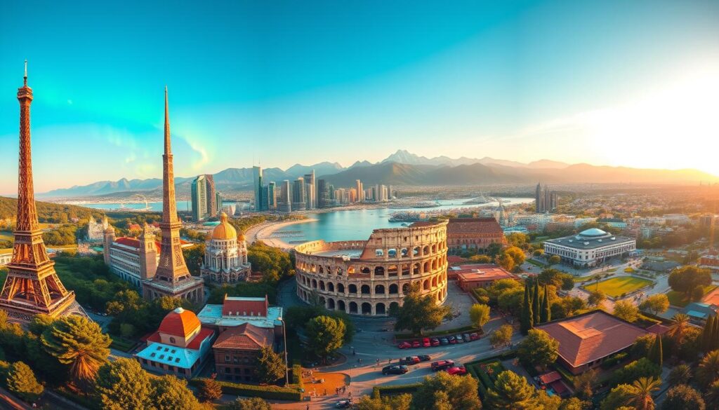 A vibrant panorama of visa-free travel destinations, captured through the lens of a wide-angle camera. In the foreground, iconic landmarks such as the Eiffel Tower, Burj Khalifa, and the Colosseum stand tall, inviting viewers to explore the world. The middle ground features lush landscapes, pristine beaches, and bustling city skylines, representing the diverse destinations accessible to Canadian passport holders. The background showcases the aurora borealis, serene mountain ranges, and picturesque rural scenes, creating a sense of wonder and wanderlust. The overall composition is bathed in a warm, golden hour glow, evoking a feeling of adventure and excitement for the limitless travel opportunities available. A vibrant panorama of visa-free travel destinations, captured through the lens of a wide-angle camera. In the foreground, iconic landmarks such as the Eiffel Tower, Burj Khalifa, and the Colosseum stand tall, inviting viewers to explore the world. The middle ground features lush landscapes, pristine beaches, and bustling city skylines, representing the diverse destinations accessible to Canadian passport holders. The background showcases the aurora borealis, serene mountain ranges, and picturesque rural scenes, creating a sense of wonder and wanderlust. The overall composition is bathed in a warm, golden hour glow, evoking a feeling of adventure and excitement for the limitless travel opportunities available.