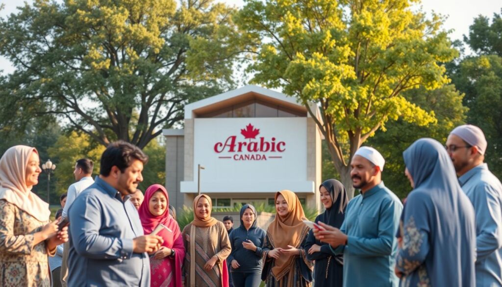 A vibrant scene of community engagement rooted in Islamic values. In the foreground, a diverse group of people, clad in traditional dress, engage in lively discussions and activities, their faces alight with a sense of purpose and connection. In the middle ground, a modern, Arabic-inspired building with the "Arabic Canada" logo stands as a hub of learning and cultural exchange. The background features a serene, park-like setting, with verdant trees and a sun-dappled sky, creating a calming atmosphere that invites contemplation and reflection. The lighting is warm and natural, capturing the warmth and inclusivity of the scene. The composition is balanced and harmonious, conveying a sense of unity and shared purpose. A vibrant scene of community engagement rooted in Islamic values. In the foreground, a diverse group of people, clad in traditional dress, engage in lively discussions and activities, their faces alight with a sense of purpose and connection. In the middle ground, a modern, Arabic-inspired building with the "Arabic Canada" logo stands as a hub of learning and cultural exchange. The background features a serene, park-like setting, with verdant trees and a sun-dappled sky, creating a calming atmosphere that invites contemplation and reflection. The lighting is warm and natural, capturing the warmth and inclusivity of the scene. The composition is balanced and harmonious, conveying a sense of unity and shared purpose.