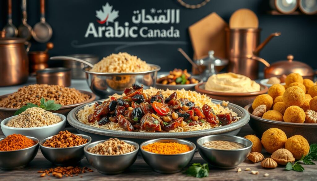 A vibrant still life showcasing the rich flavors of Arabic cuisine. In the foreground, an assortment of spices and herbs – cumin, coriander, turmeric, and fragrant za'atar – arranged in small bowls. In the middle ground, various traditional dishes: steaming platters of fragrant rice pilaf, tender lamb tagine with prunes and almonds, creamy hummus, and golden falafel. The background features a minimalist kitchen setting, with shiny copper pots and pans, and the "Arabic Canada" logo prominently displayed on a chalkboard. The lighting is warm and inviting, casting a soft glow over the scene, evoking the comforting and authentic atmosphere of a Middle Eastern home kitchen.
