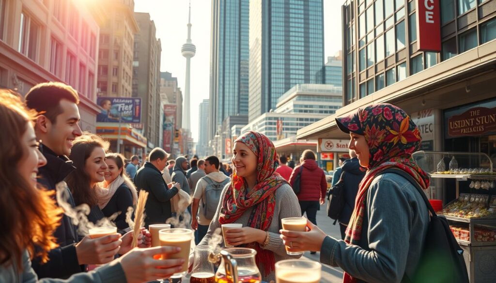 A vibrant street scene in downtown Toronto, showcasing the cultural diversity and lifestyle adjustments of a Middle Eastern immigrant. In the foreground, a group of friends from different backgrounds laughs and converses over steaming cups of chai, enjoying the bustling atmosphere. In the middle ground, a young woman in a colorful hijab browses the wares of a local vendor, taking in the sights, sounds, and aromas of the neighborhood. In the background, towering skyscrapers and the iconic CN Tower create a modern urban skyline, contrasting with the traditional Middle Eastern elements scattered throughout. Warm afternoon sunlight filters through, casting a golden glow and highlighting the sense of transition and adaptation. The overall mood is one of embracing new experiences, finding common ground, and cultivating a harmonious multicultural community.