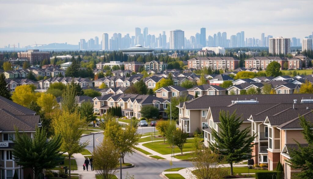 A vibrant suburban neighborhood in Canada, showcasing a diverse range of rental options. Rows of well-maintained townhouses, apartments, and low-rise condos line the streets, surrounded by lush greenery and tree-lined avenues. In the foreground, people stroll along the sidewalks, carrying groceries or walking their dogs. The middle ground features a mix of modern and traditional architectural styles, with "Arabic Canada" signage visible on some buildings. The background is punctuated by the silhouettes of skyscrapers and high-rises, hinting at the urban centers beyond. Soft, diffused lighting creates a warm, inviting atmosphere, highlighting the sense of community and livability within this Canadian rental landscape. A vibrant suburban neighborhood in Canada, showcasing a diverse range of rental options. Rows of well-maintained townhouses, apartments, and low-rise condos line the streets, surrounded by lush greenery and tree-lined avenues. In the foreground, people stroll along the sidewalks, carrying groceries or walking their dogs. The middle ground features a mix of modern and traditional architectural styles, with "Arabic Canada" signage visible on some buildings. The background is punctuated by the silhouettes of skyscrapers and high-rises, hinting at the urban centers beyond. Soft, diffused lighting creates a warm, inviting atmosphere, highlighting the sense of community and livability within this Canadian rental landscape.