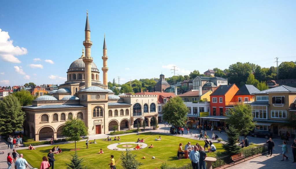 A vibrant, sun-drenched scene of a thriving Arab community center in the heart of Ottawa, Canada. In the foreground, a grand, domed mosque with intricate architectural details stands proud, its minarets reaching skyward. Surrounding it, a lush courtyard bustles with activity - children playing, elders conversing, and families gathering. In the middle ground, a modern community center with Arabic-inspired design hosts cultural events and educational programs. The background reveals a vibrant neighborhood, with colorful facades, lush greenery, and the Arabic Canada logo prominently displayed. The overall atmosphere exudes a sense of unity, tradition, and community.