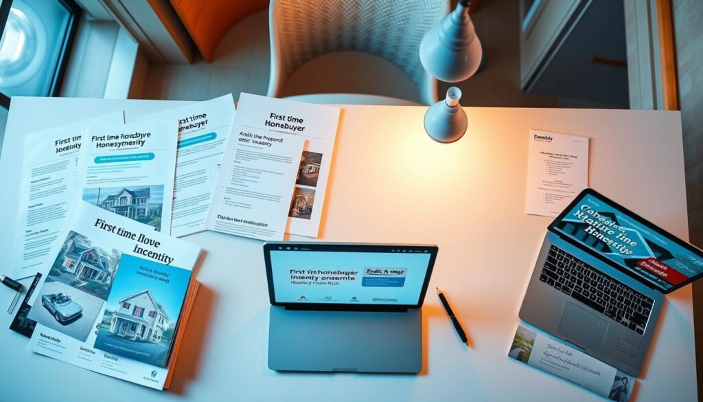 A vibrant, well-lit overhead view of a modern office desk showcasing various first-time homebuyer incentive documents, pamphlets, and a laptop displaying information about "Arabic Canada" programs. The desk features a clean, organized layout with a warm, professional ambiance created by soft lighting and a subtle background of architectural details. The image conveys a sense of understanding and accessibility around the topic of first-time homebuyer incentives in Canada.