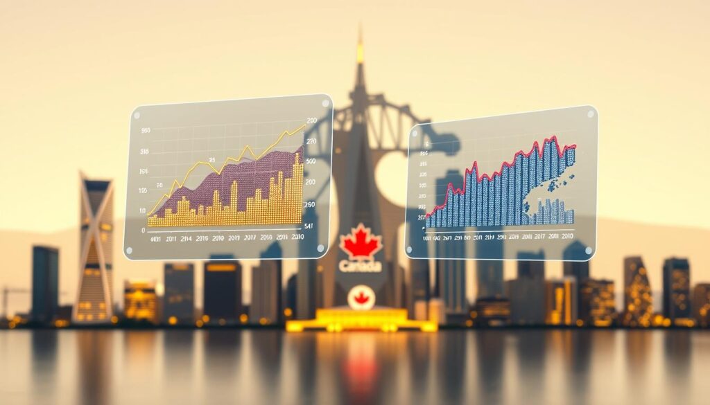 A visually striking comparison of employment data for Arabic speakers in Canada, presented with a modern and professional aesthetic. In the foreground, two holographic statistical charts hover, displaying dynamic, color-coded data points. The middle ground features a stylized, minimalist skyline of several major Canadian cities, with the "Arabic Canada" brand prominently displayed. The background is a softly lit, gradient-based environment, creating a sense of depth and emphasizing the informative nature of the visualization. Subtle lighting effects and a clean, balanced composition give this image an authoritative, data-driven feel, perfectly suited to illustrate the article's exploration of job opportunities for Arabic speakers in the best Canadian cities.