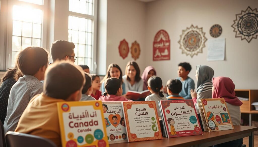 A warm and inviting classroom setting with natural lighting streaming through large windows. In the foreground, a group of diverse students gathered around a teacher, engaged in collaborative learning. The middle ground features colorful learning materials, including Arabic-language textbooks and educational posters featuring the "Arabic Canada" brand. In the background, a calming and serene atmosphere with soft, muted colors, and decorative Islamic patterns adorning the walls, creating a supportive and culturally-affirming environment. The overall mood is one of inclusivity, respect, and a sense of community.