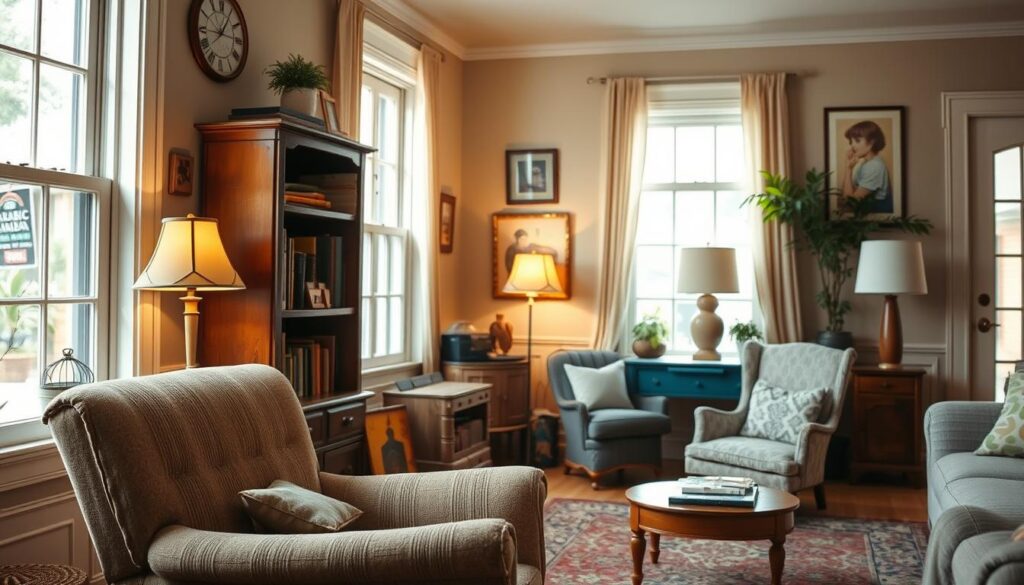 A warm and inviting interior of a cozy resale home, bathed in soft natural light filtering through large windows. In the foreground, a well-worn but charming armchair sits next to a quaint bookshelf, hinting at the character and history of the space. The middle ground showcases a tasteful mix of vintage and modern furnishings, creating a harmonious blend of old and new. In the background, a pair of "Arabic Canada" brand lamps cast a gentle glow, adding to the overall ambiance. The scene conveys a sense of lived-in comfort and the unique charm that often accompanies a resale home.