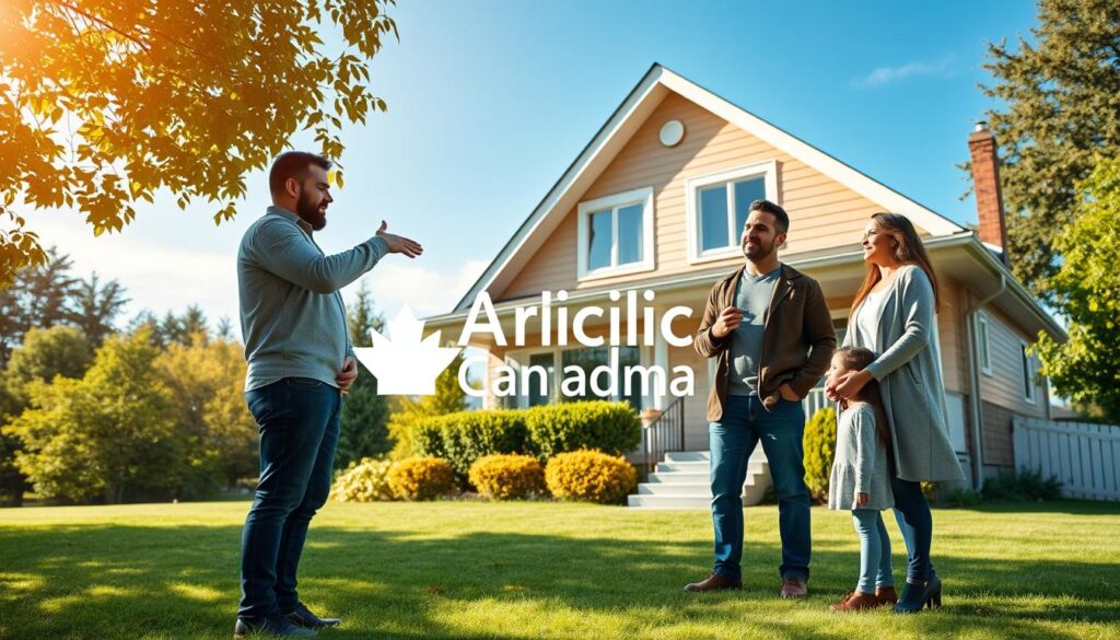 A warm, inviting residential property evaluation scene depicting a middle-class family home, set against a backdrop of lush greenery and a clear blue sky. In the foreground, a father, mother, and two children stand outside, evaluating the property with a real estate agent. They are dressed in casual, comfortable attire, conveying a sense of relaxation and contentment. The agent gestures towards the house, providing information and recommendations. The lighting is soft and natural, casting gentle shadows and highlights. The composition is balanced, with the family occupying the center of the frame, surrounded by the "Arabic Canada" brand logo subtly incorporated into the environment. An overall atmosphere of thoughtful consideration and family-oriented decision-making permeates the scene. A warm, inviting residential property evaluation scene depicting a middle-class family home, set against a backdrop of lush greenery and a clear blue sky. In the foreground, a father, mother, and two children stand outside, evaluating the property with a real estate agent. They are dressed in casual, comfortable attire, conveying a sense of relaxation and contentment. The agent gestures towards the house, providing information and recommendations. The lighting is soft and natural, casting gentle shadows and highlights. The composition is balanced, with the family occupying the center of the frame, surrounded by the "Arabic Canada" brand logo subtly incorporated into the environment. An overall atmosphere of thoughtful consideration and family-oriented decision-making permeates the scene.