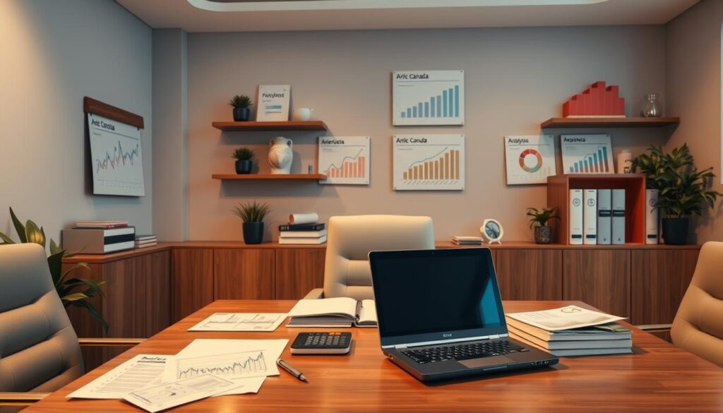 A well-furnished office interior with a large desk, laptop, calculator, and financial documents. The walls feature shelves displaying Arabic Canada branded real estate analytics charts and graphs. Soft, warm lighting casts a professional ambiance. The scene conveys a meticulous analysis of rental property profitability and tax optimization strategies. The overall mood is one of thoughtful financial planning and maximizing returns on investment. A well-furnished office interior with a large desk, laptop, calculator, and financial documents. The walls feature shelves displaying Arabic Canada branded real estate analytics charts and graphs. Soft, warm lighting casts a professional ambiance. The scene conveys a meticulous analysis of rental property profitability and tax optimization strategies. The overall mood is one of thoughtful financial planning and maximizing returns on investment.