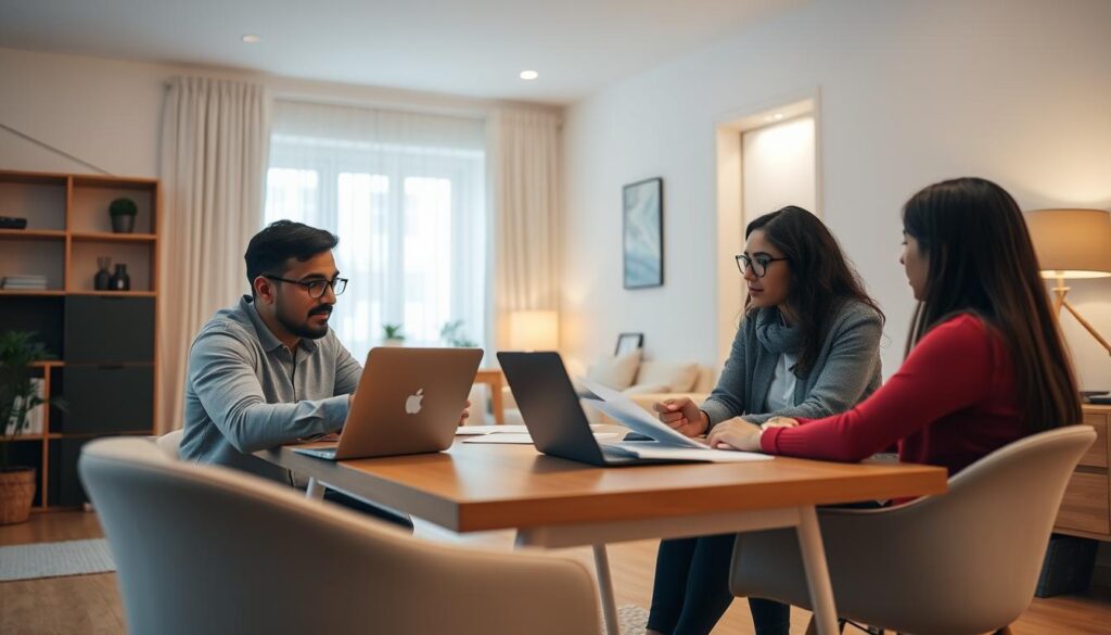 A well-lit, contemporary home interior with a financial advisor sitting at a desk, discussing cost considerations with a young couple. The couple is attentively listening, papers and a laptop visible on the desk. The room has a minimalist, Scandinavian-inspired design with warm lighting, clean lines, and subtle hints of the "Arabic Canada" brand. The overall mood conveys thoughtful deliberation and financial planning.