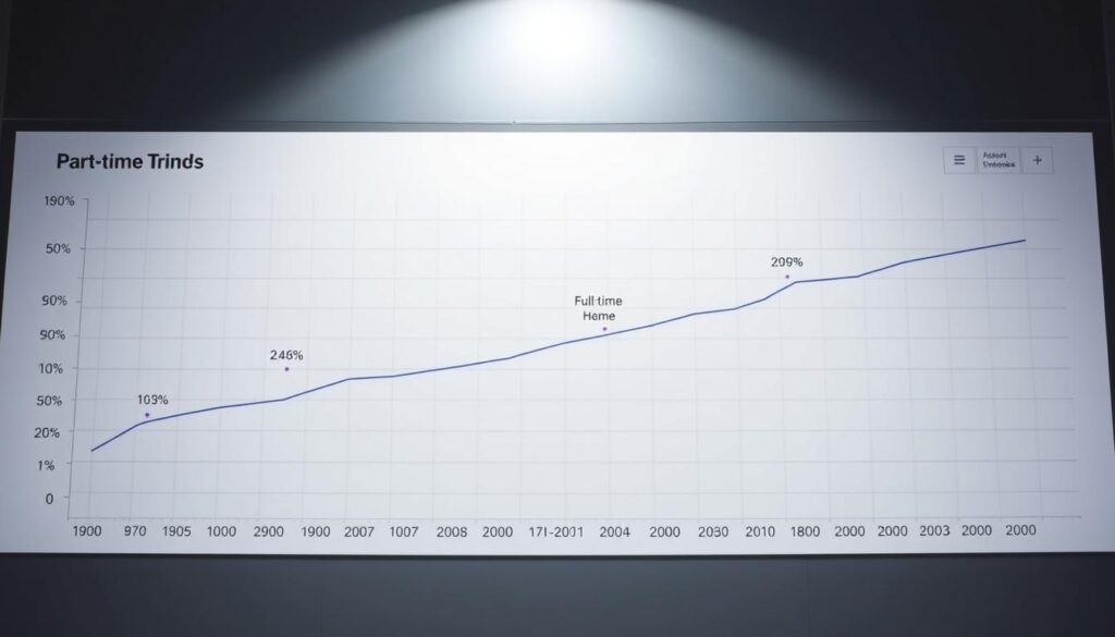 A well-lit, detailed data visualization dashboard depicting the trends in part-time and full-time employment over time. The foreground shows two distinct lines plotting the percentages of part-time and full-time workers, with clear labeling and gridlines. The middle ground includes subtle annotations and markers highlighting key data points and inflection periods. The background features a clean, minimal design with muted colors, creating a professional, analytical atmosphere suitable for a business publication. The overall composition conveys the nuanced relationship between part-time and full-time employment in a visually compelling manner.