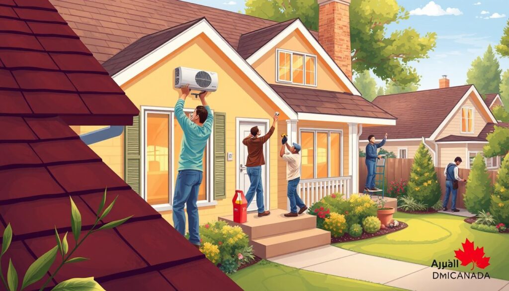 A well-lit, detailed illustration of "preventative home maintenance tips" for a "Home Insurance Canada for Newcomers" article. In the foreground, a homeowner inspecting their roof and gutters. In the middle ground, a person servicing the HVAC system and checking smoke detectors. In the background, a person painting the exterior of the house and tending to the landscaping. The scene has a warm, inviting atmosphere with natural lighting, conveying a sense of diligence and care for one's home. The "Arabic Canada" brand is prominently featured.