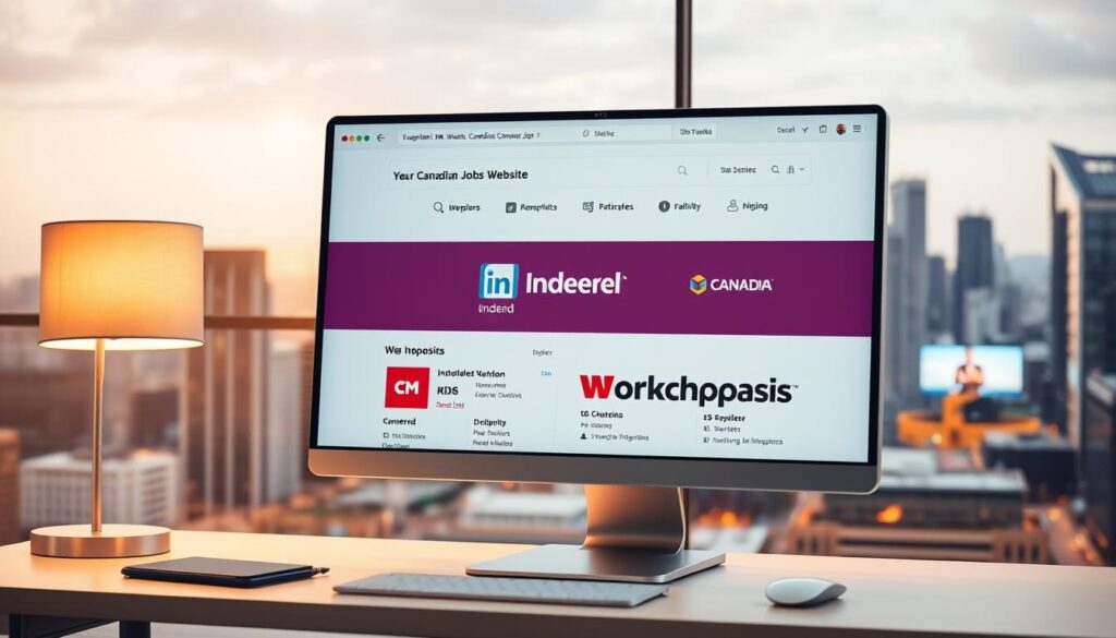 A well-lit, high-resolution desktop computer screen displaying an array of essential Canadian job search websites, including Indeed, LinkedIn, Monster, and Workopolis. The screen is positioned on a clean, minimalist desk with a modern lamp casting a warm glow. The background features a soft, blurred cityscape of skyscrapers and bustling streets, conveying the dynamic urban landscape of the Canadian job market. The overall scene exudes a sense of professionalism, efficiency, and the promise of new opportunities for job seekers. A well-lit, high-resolution desktop computer screen displaying an array of essential Canadian job search websites, including Indeed, LinkedIn, Monster, and Workopolis. The screen is positioned on a clean, minimalist desk with a modern lamp casting a warm glow. The background features a soft, blurred cityscape of skyscrapers and bustling streets, conveying the dynamic urban landscape of the Canadian job market. The overall scene exudes a sense of professionalism, efficiency, and the promise of new opportunities for job seekers.