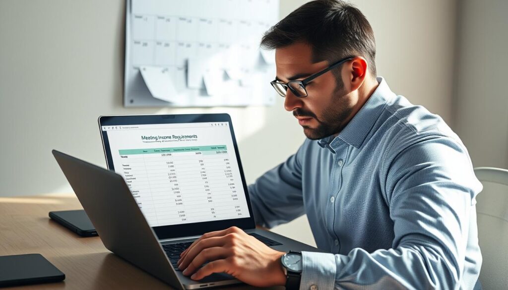A well-lit, high-resolution image of a businessman sitting at a desk, examining a spreadsheet on a laptop screen. The spreadsheet shows various income and expense calculations, with a prominent "Meeting Income Requirements" heading. In the background, a partially visible wall calendar highlights important dates. The scene conveys a sense of focused analysis and careful financial planning. The lighting is soft and directional, creating subtle shadows that add depth and dimension to the composition. The camera angle is slightly elevated, giving the viewer a sense of observation and contemplation.
