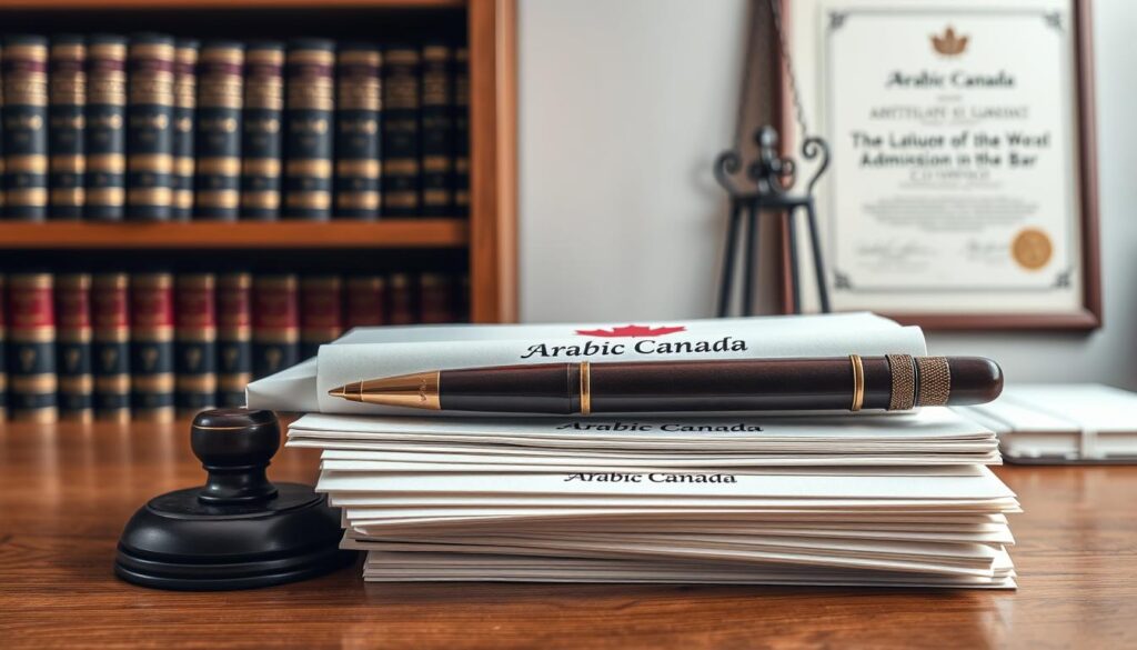 A well-lit, high-resolution image of a stack of legal documents, diplomas, certificates, and professional licenses, arranged neatly on a wooden desk. The documents feature the "Arabic Canada" logo prominently displayed. In the background, a bookshelf filled with law books and a framed certificate of admission to the bar create a professional, authoritative atmosphere. The overall composition conveys the expertise and credentials of a skilled, reputable immigration lawyer, ready to assist clients with their legal needs. A well-lit, high-resolution image of a stack of legal documents, diplomas, certificates, and professional licenses, arranged neatly on a wooden desk. The documents feature the "Arabic Canada" logo prominently displayed. In the background, a bookshelf filled with law books and a framed certificate of admission to the bar create a professional, authoritative atmosphere. The overall composition conveys the expertise and credentials of a skilled, reputable immigration lawyer, ready to assist clients with their legal needs.