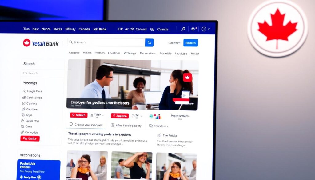 A well-lit, high-resolution interface of the Canada Job Bank website, showcasing its user-friendly design and intuitive job search functionality. The foreground features the homepage's clean layout, with prominent search bars, job listings, and interactive navigation menus. In the middle ground, job seekers browse through detailed job postings, employer profiles, and personalized recommendations. The background depicts the government's official branding, conveying a sense of trust and reliability. The image should have a professional, modern, and accessible atmosphere, highlighting the platform's role as a go-to resource for Canadian job seekers. A well-lit, high-resolution interface of the Canada Job Bank website, showcasing its user-friendly design and intuitive job search functionality. The foreground features the homepage's clean layout, with prominent search bars, job listings, and interactive navigation menus. In the middle ground, job seekers browse through detailed job postings, employer profiles, and personalized recommendations. The background depicts the government's official branding, conveying a sense of trust and reliability. The image should have a professional, modern, and accessible atmosphere, highlighting the platform's role as a go-to resource for Canadian job seekers.
