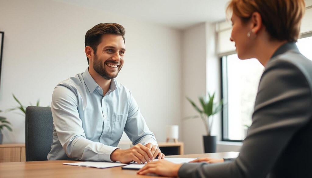 A well-lit interior office setting, with a professional-looking Canadian immigration consultant sitting at a desk, meeting with a prospective immigrant. The consultant's expression is warm and attentive, conveying expertise and empathy. The prospective immigrant appears thoughtful, engaged in the conversation. Soft, neutral tones create a calming atmosphere, while careful lighting from a large window casts a natural glow, highlighting the importance of this legal guidance. The room is tastefully decorated with minimalist decor, suggesting a trusted, reputable establishment. An air of trust and confidence permeates the scene, reflecting the guidance and support the consultant provides.