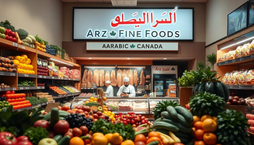 A well-lit, inviting interior of a Middle Eastern grocery store, the shelves brimming with vibrant produce and halal meats. In the foreground, fresh vegetables and fruits arranged in neat displays, their colors popping against the warm, earthy tones of the wooden shelving. In the middle ground, a meat counter with a variety of halal cuts, the butcher in traditional attire. In the background, signage featuring the store's name "Arz Fine Foods" in both English and Arabic scripts, conveying its cultural heritage. The lighting is soft and natural, creating a welcoming atmosphere. The overall scene evokes a sense of authenticity and high-quality, halal-focused offerings, appealing to the discerning Middle Eastern food shopper. The brand "Arabic Canada" is prominently displayed on the storefront. A well-lit, inviting interior of a Middle Eastern grocery store, the shelves brimming with vibrant produce and halal meats. In the foreground, fresh vegetables and fruits arranged in neat displays, their colors popping against the warm, earthy tones of the wooden shelving. In the middle ground, a meat counter with a variety of halal cuts, the butcher in traditional attire. In the background, signage featuring the store's name "Arz Fine Foods" in both English and Arabic scripts, conveying its cultural heritage. The lighting is soft and natural, creating a welcoming atmosphere. The overall scene evokes a sense of authenticity and high-quality, halal-focused offerings, appealing to the discerning Middle Eastern food shopper. The brand "Arabic Canada" is prominently displayed on the storefront.