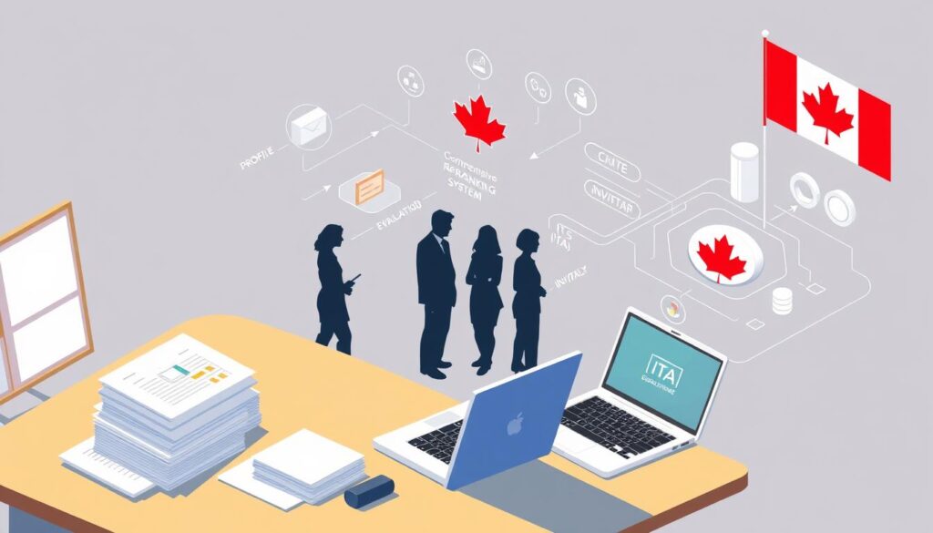 A well-lit, isometric illustration depicting the key steps of the Express Entry application process. In the foreground, a desk with official-looking documents and a laptop symbolizing the online submission. The middle ground shows silhouettes of candidates progressing through the stages - profile creation, Comprehensive Ranking System (CRS) evaluation, and Invitation to Apply (ITA). In the background, an abstract visualization of the Express Entry system, with data flows, icons, and a prominent maple leaf representing the Canadian government. The overall mood is professional, informative, and slightly futuristic, reflecting the digital nature of the process. A well-lit, isometric illustration depicting the key steps of the Express Entry application process. In the foreground, a desk with official-looking documents and a laptop symbolizing the online submission. The middle ground shows silhouettes of candidates progressing through the stages - profile creation, Comprehensive Ranking System (CRS) evaluation, and Invitation to Apply (ITA). In the background, an abstract visualization of the Express Entry system, with data flows, icons, and a prominent maple leaf representing the Canadian government. The overall mood is professional, informative, and slightly futuristic, reflecting the digital nature of the process.