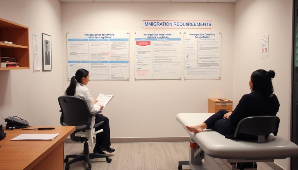 A well-lit medical examination room, with a desk, chair, and examination table in the foreground. In the middle ground, a doctor reviews paperwork, while a patient sits patiently. The background features a wall-mounted display showcasing immigration medical requirements, including charts, checklists, and guidelines. The scene conveys a sense of professionalism and attention to detail, with a neutral, calming atmosphere to put the patient at ease during the immigration medical exam process. A well-lit medical examination room, with a desk, chair, and examination table in the foreground. In the middle ground, a doctor reviews paperwork, while a patient sits patiently. The background features a wall-mounted display showcasing immigration medical requirements, including charts, checklists, and guidelines. The scene conveys a sense of professionalism and attention to detail, with a neutral, calming atmosphere to put the patient at ease during the immigration medical exam process.