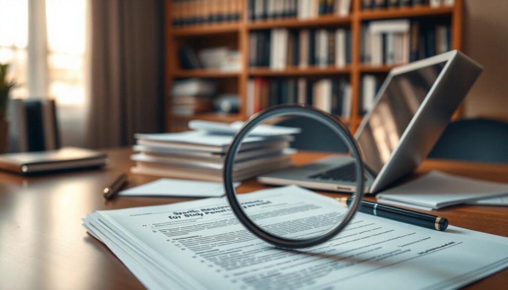 A well-lit office desk, its surface covered in stacks of documents, a laptop, and a pen resting on top. In the foreground, a magnifying glass hovers over the documents, revealing the fine print and intricate details of the "Specific Requirements for Study Permit" form. The background is slightly blurred, with a bookshelf filled with immigration and visa-related resources. The lighting is warm and inviting, creating a sense of focused attention and diligent research. The overall atmosphere conveys the importance and meticulous nature of understanding the specific requirements for a Canadian student visa from the Middle East.