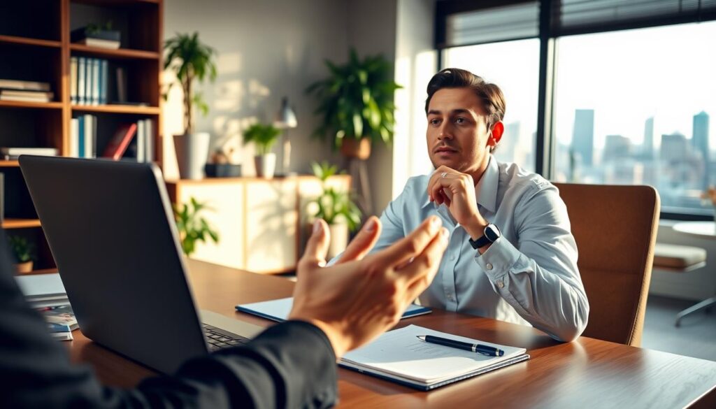 A well-lit office desk with a laptop, notepad, and pen arranged neatly. In the foreground, a person's hands are gesturing as if explaining concepts. The background features a bookshelf, potted plants, and a large window overlooking a city skyline, creating a professional yet inviting atmosphere. The lighting is soft and warm, enhancing the thoughtful expression on the person's face as they structure their interview responses. The scene conveys a sense of focus, preparation, and confidence in navigating the interview process. A well-lit office desk with a laptop, notepad, and pen arranged neatly. In the foreground, a person's hands are gesturing as if explaining concepts. The background features a bookshelf, potted plants, and a large window overlooking a city skyline, creating a professional yet inviting atmosphere. The lighting is soft and warm, enhancing the thoughtful expression on the person's face as they structure their interview responses. The scene conveys a sense of focus, preparation, and confidence in navigating the interview process.