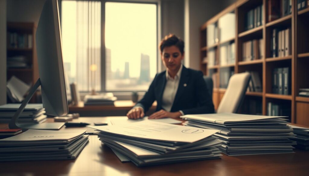 A well-lit office interior with a desk, computer, and medical files scattered across the surface. In the foreground, a person is sitting at the desk, carefully reviewing and organizing a stack of medical reports. The background features bookshelves and a window overlooking a cityscape, creating a professional, bureaucratic atmosphere. The lighting is warm and soft, casting a subtle glow on the scene. The overall mood is one of diligence and attention to detail, as the person meticulously processes the medical paperwork. A well-lit office interior with a desk, computer, and medical files scattered across the surface. In the foreground, a person is sitting at the desk, carefully reviewing and organizing a stack of medical reports. The background features bookshelves and a window overlooking a cityscape, creating a professional, bureaucratic atmosphere. The lighting is warm and soft, casting a subtle glow on the scene. The overall mood is one of diligence and attention to detail, as the person meticulously processes the medical paperwork.